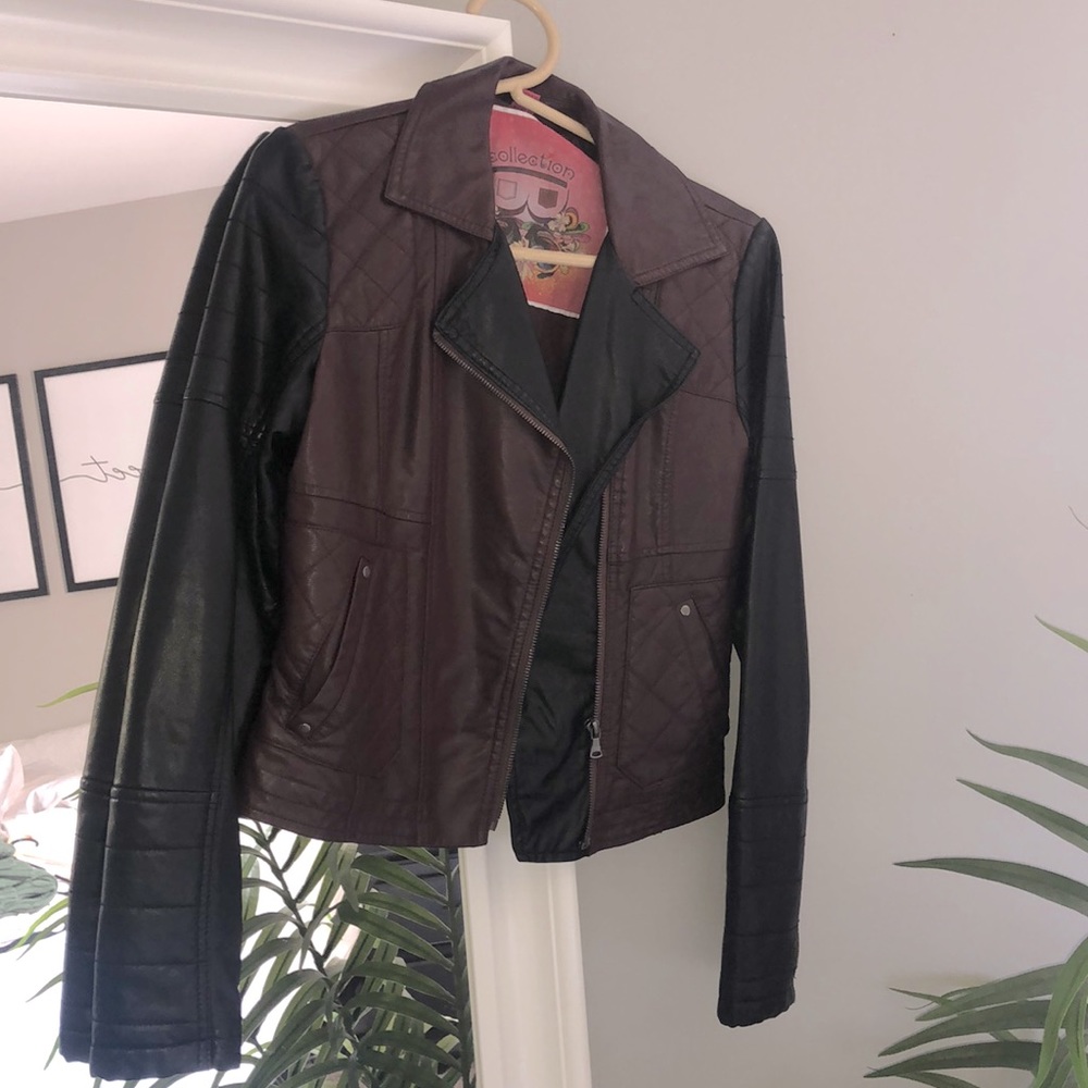 Maroon and black leather jacket